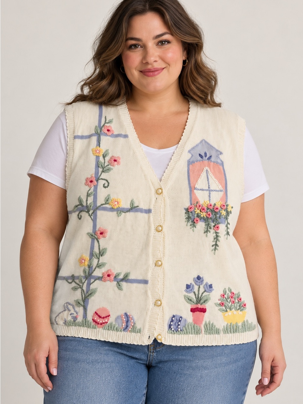 Koret Cream Embroidered Garden Window Knit Vest with Pastel Accents